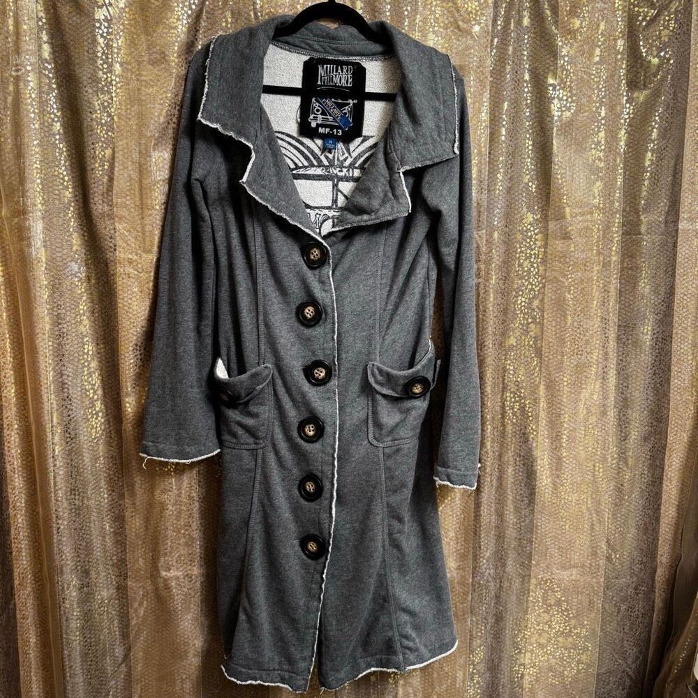 Millard Fillmore Womens Large Gray 100% Cotton Long Coat Trench Medium